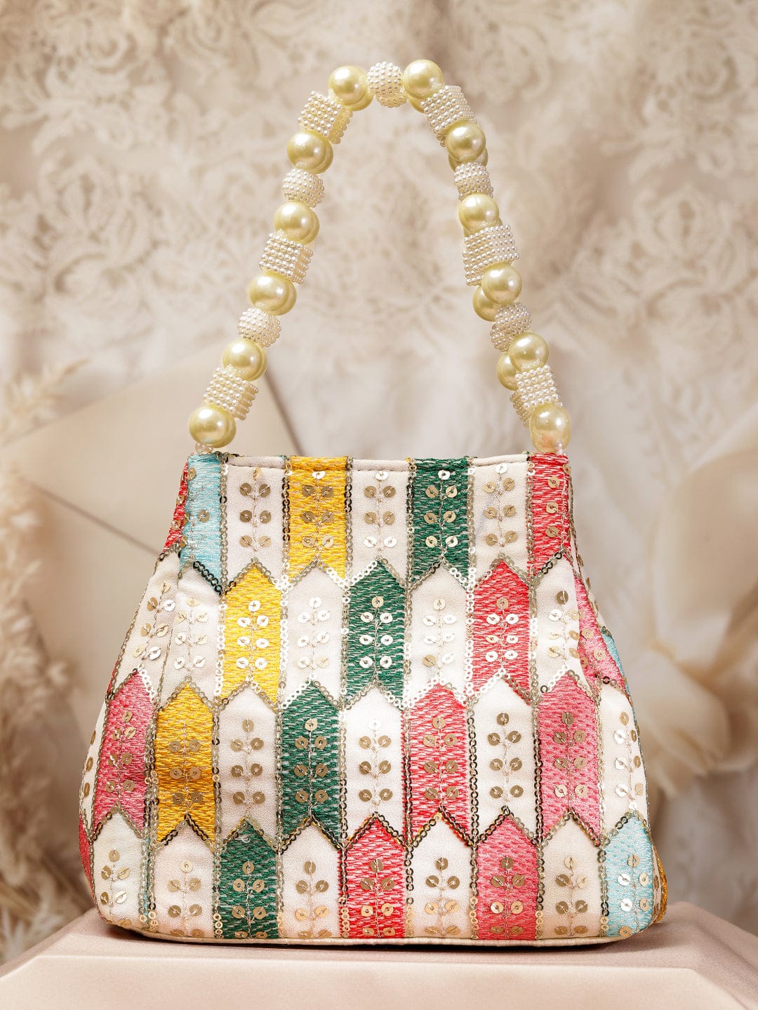 Rubans Multicolour Embroidered Potli Bag with Pearl Beaded Handle on Cream Base フリーサイズ