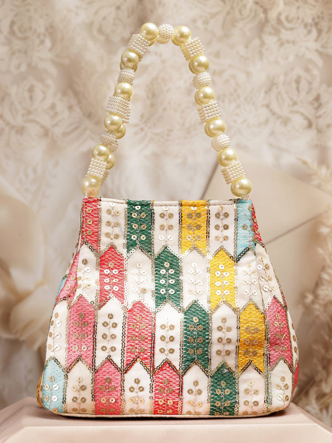 Rubans Multicolour Embroidered Potli Bag with Pearl Beaded Handle on Cream Base フリーサイズ