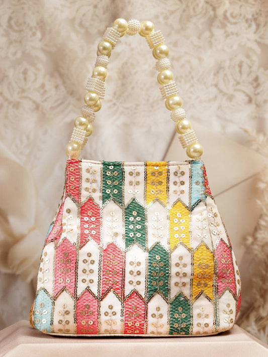 Rubans Multicolour Embroidered Potli Bag with Pearl Beaded Handle on Cream Base フリーサイズ