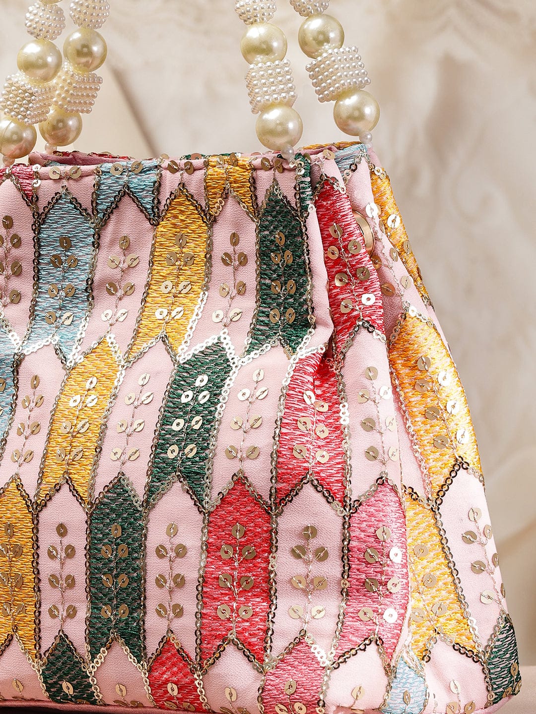 Rubans Multicolour Embroidered Potli Bag with Pearl Beaded Handle on Light Pink Base フリーサイズ