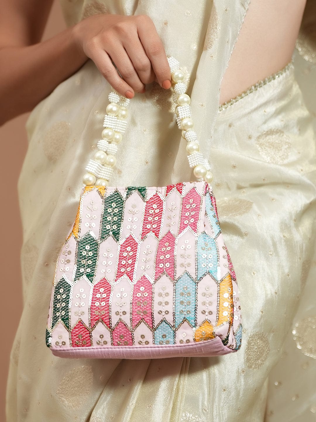 Rubans Multicolour Embroidered Potli Bag with Pearl Beaded Handle on Light Pink Base フリーサイズ