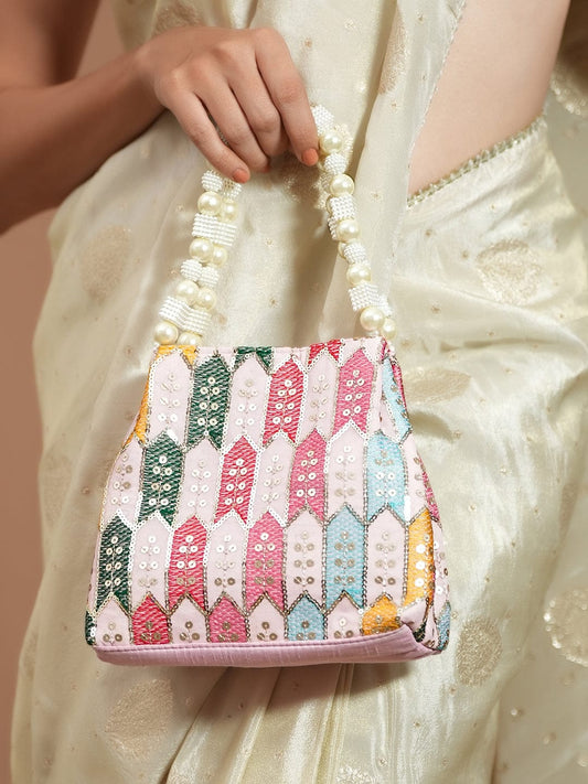 Rubans Multicolour Embroidered Potli Bag with Pearl Beaded Handle on Light Pink Base フリーサイズ