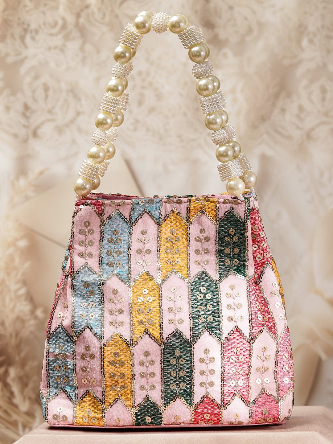 Rubans Multicolour Embroidered Potli Bag with Pearl Beaded Handle on Light Pink Base フリーサイズ
