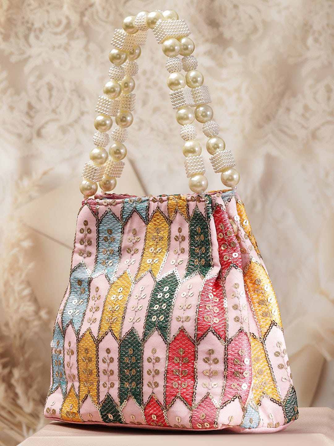 Rubans Multicolour Embroidered Potli Bag with Pearl Beaded Handle on Light Pink Base フリーサイズ
