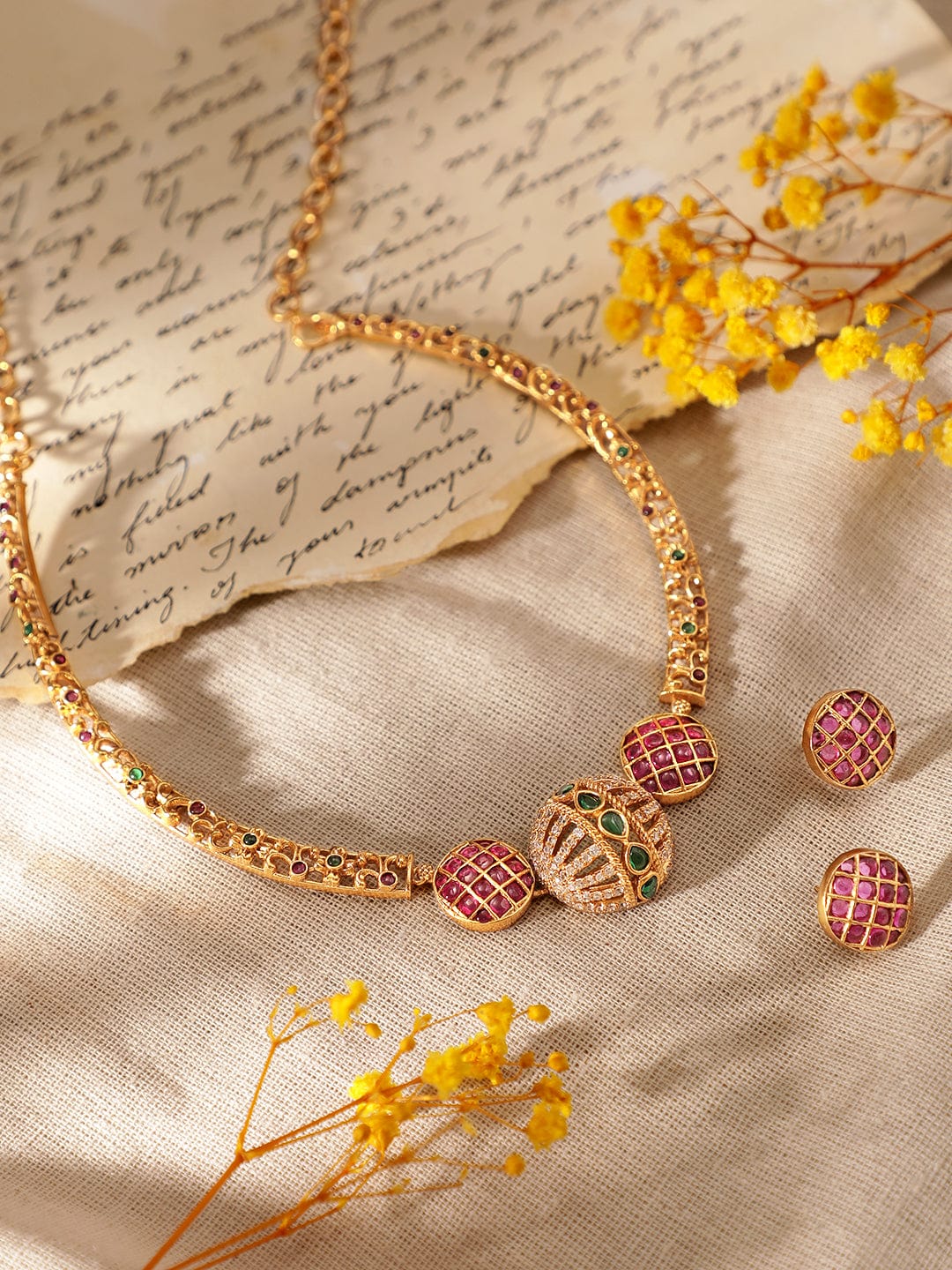 American Diamond Zirconia Multicolor Studded Necklace Set Gold