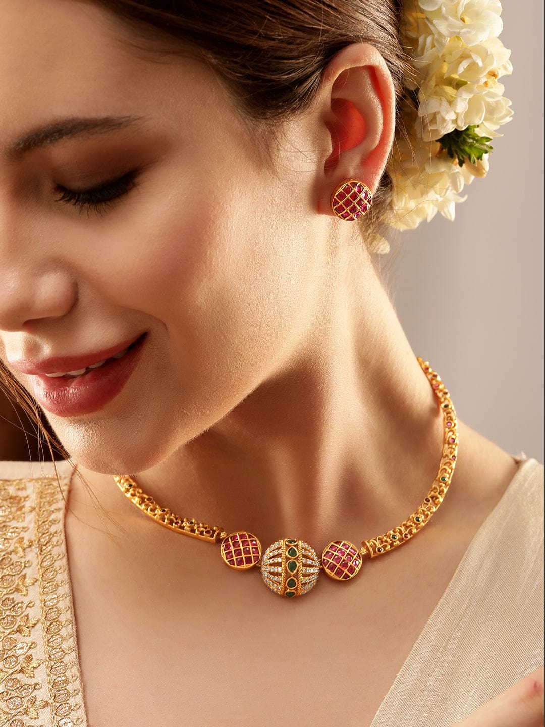 American Diamond Zirconia Multicolor Studded Necklace Set Gold