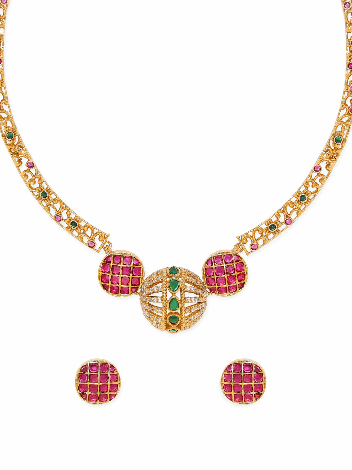 American Diamond Zirconia Multicolor Studded Necklace Set Gold