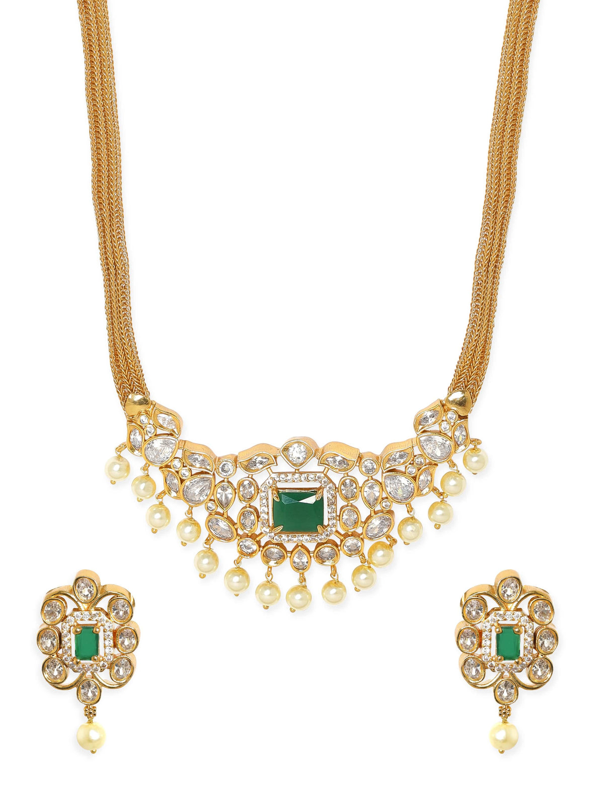 Green & White Pearl Beaded Necklace Set Gold