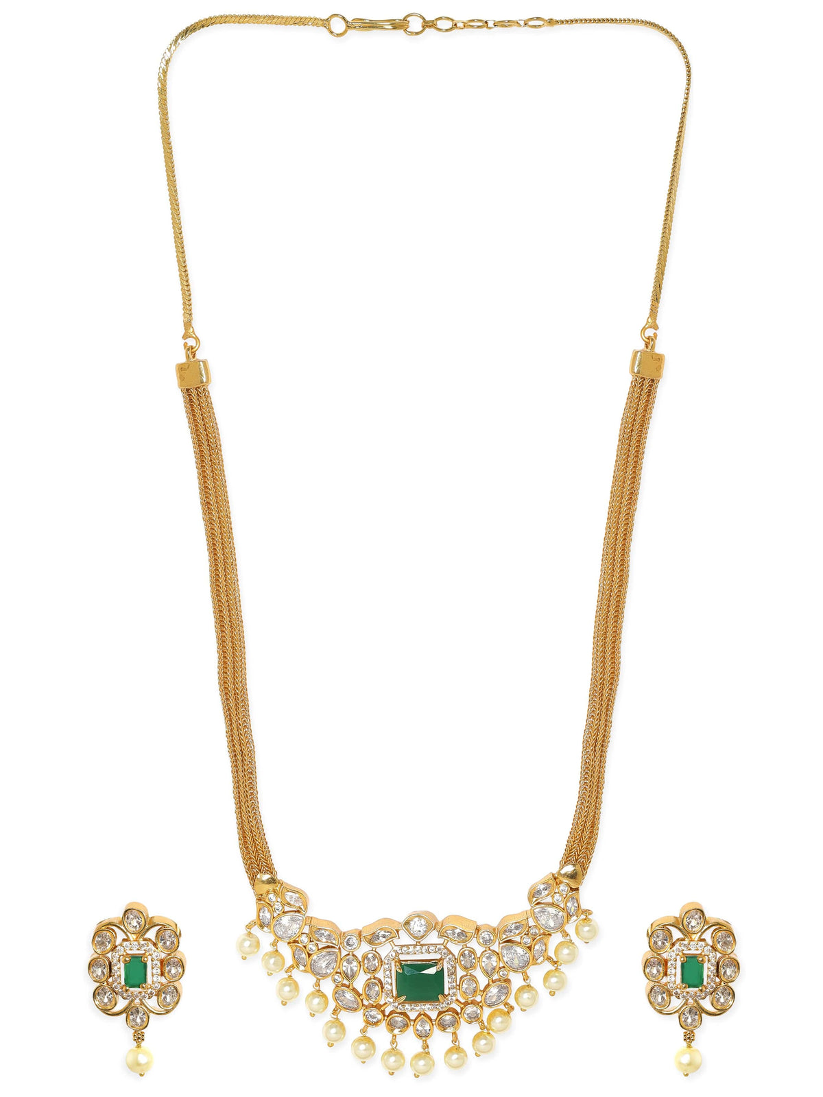 Green & White Pearl Beaded Necklace Set Gold