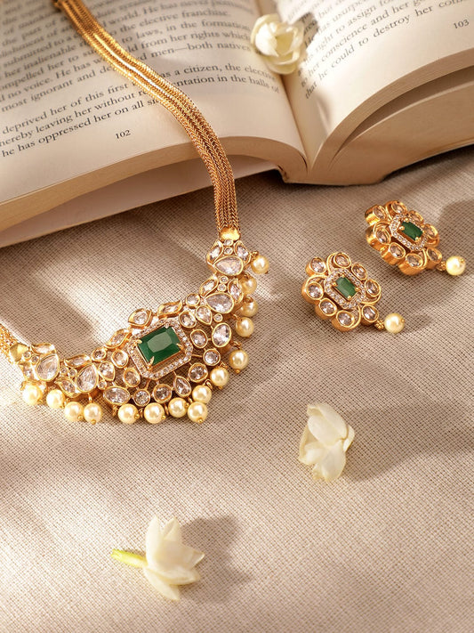 Green & White Pearl Beaded Necklace Set Gold
