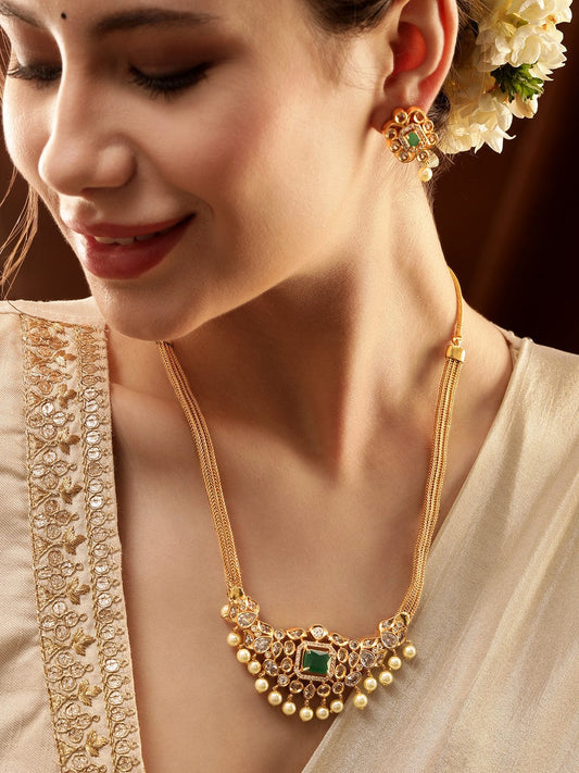 Green & White Pearl Beaded Necklace Set Gold