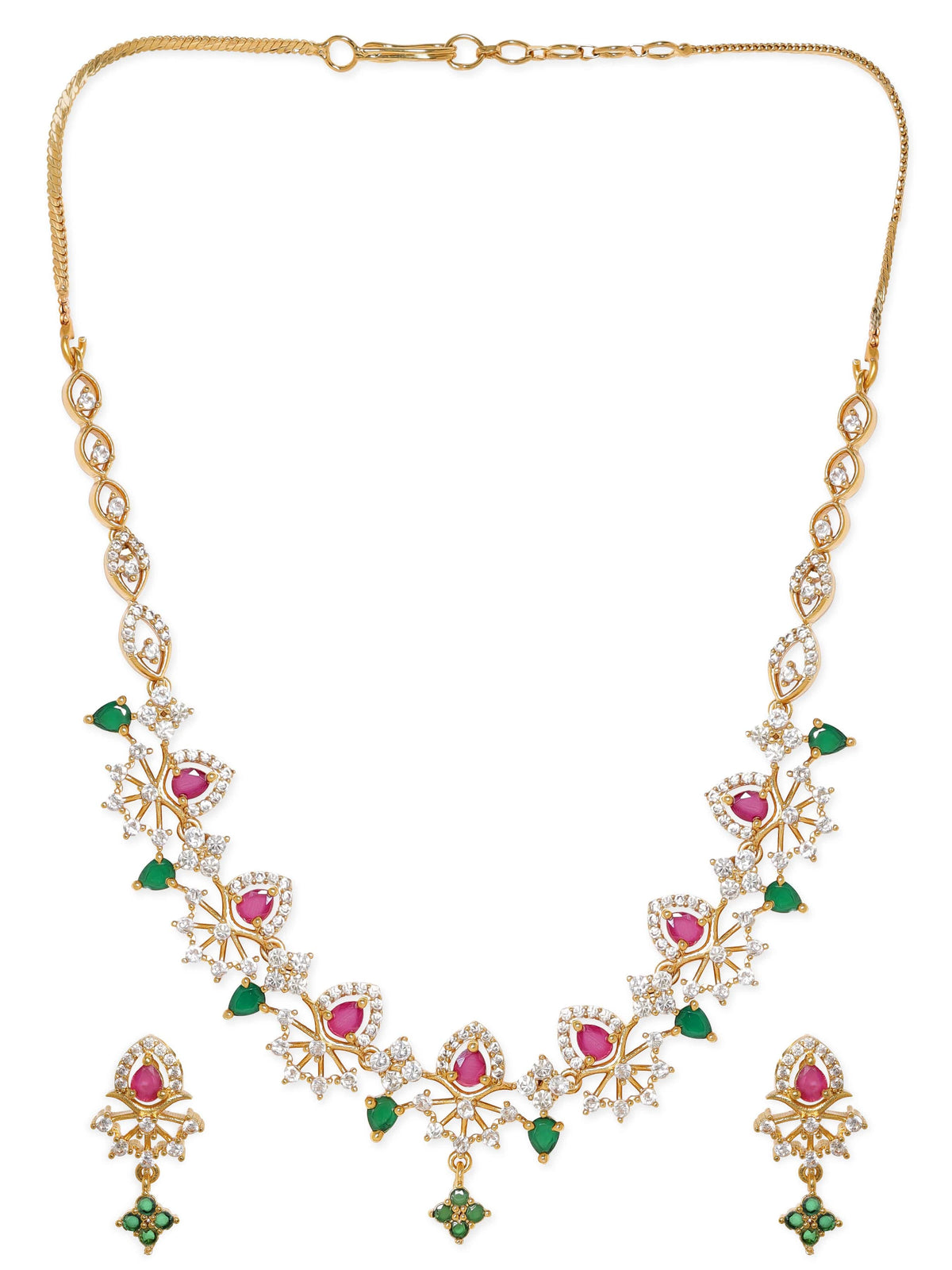 Red & Green American Diamond Zirconia Necklace Set Gold::Green::Red
