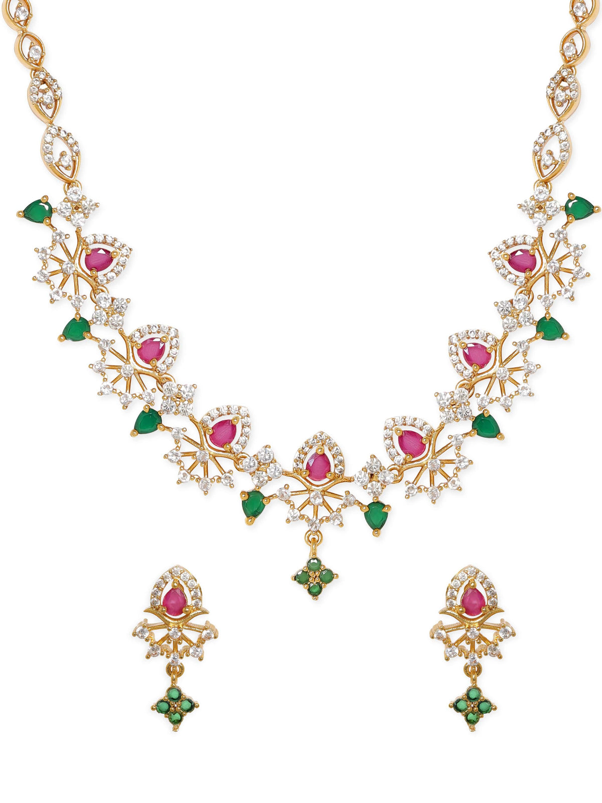 Red & Green American Diamond Zirconia Necklace Set Gold::Green::Red