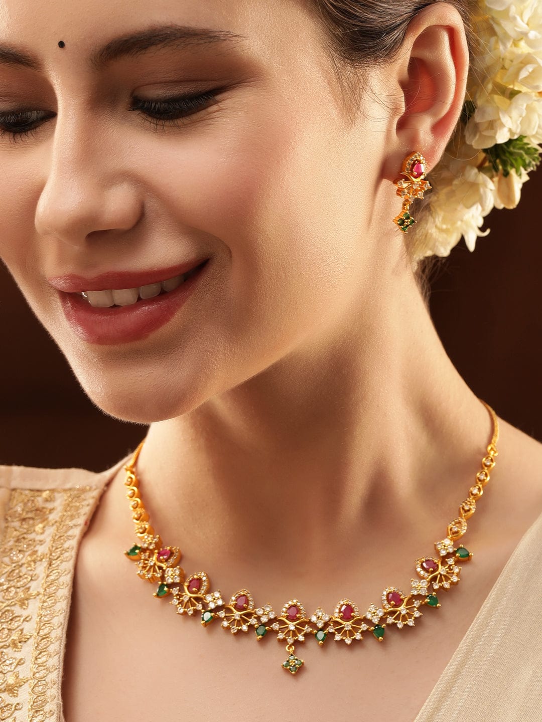 Red & Green American Diamond Zirconia Necklace Set Gold::Green::Red