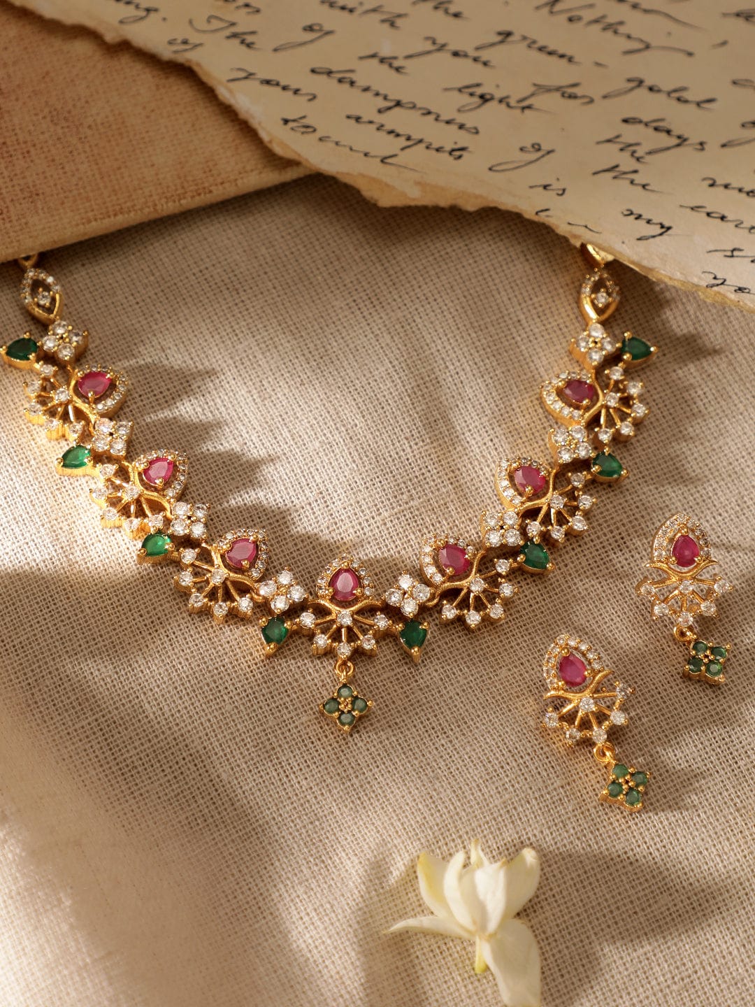 Red & Green American Diamond Zirconia Necklace Set Gold::Green::Red