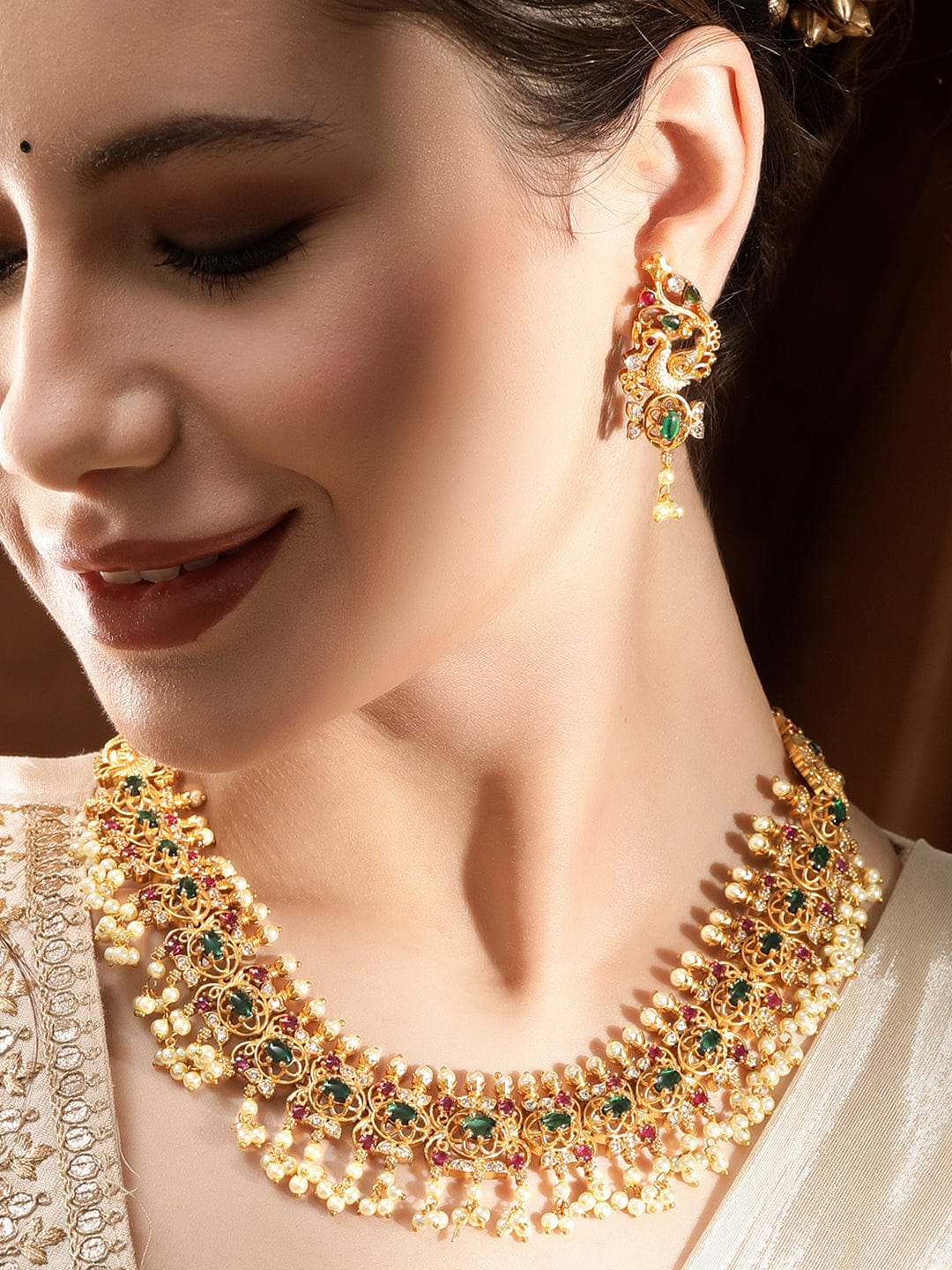 Pink & Green Studded Pearl Drop Necklace Set Gold::Multi Color