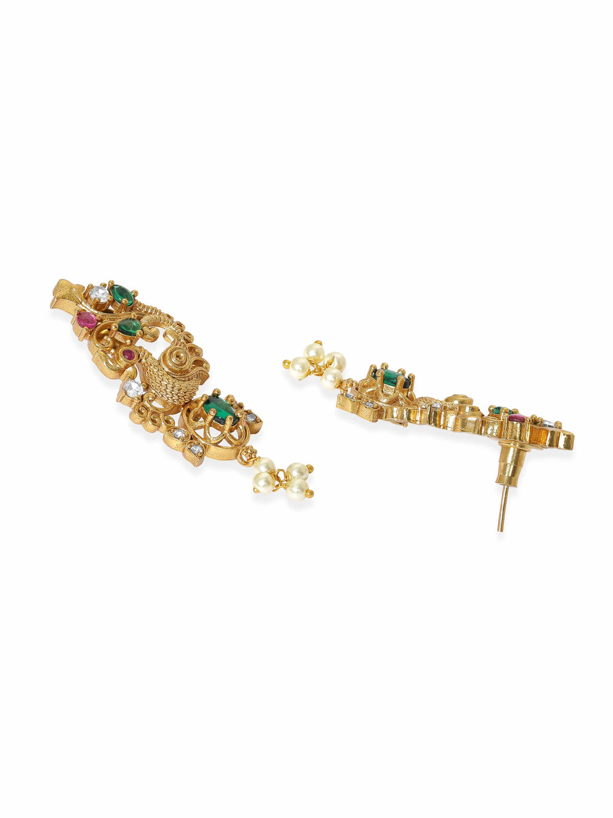 Pink & Green Studded Pearl Drop Necklace Set Gold::Multi Color
