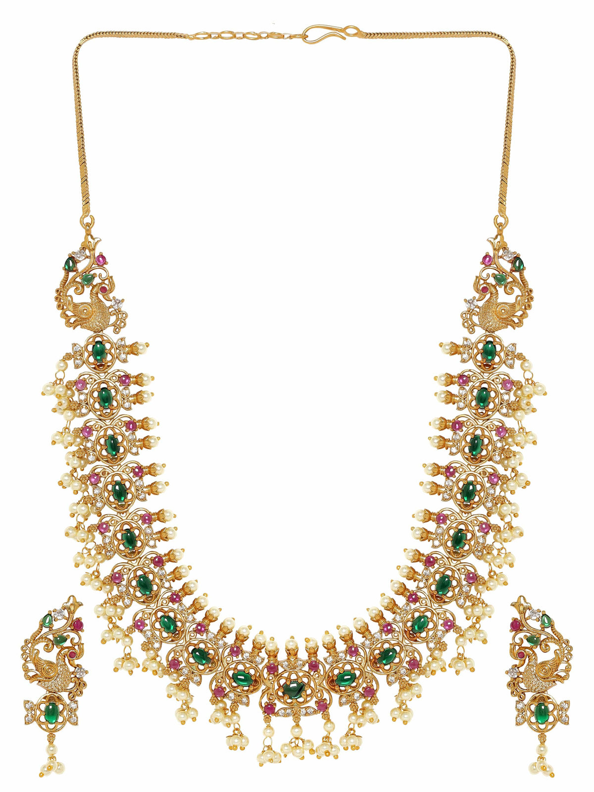 Pink & Green Studded Pearl Drop Necklace Set Gold::Multi Color