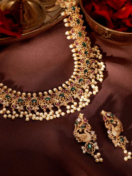 Pink & Green Studded Pearl Drop Necklace Set Gold::Multi Color