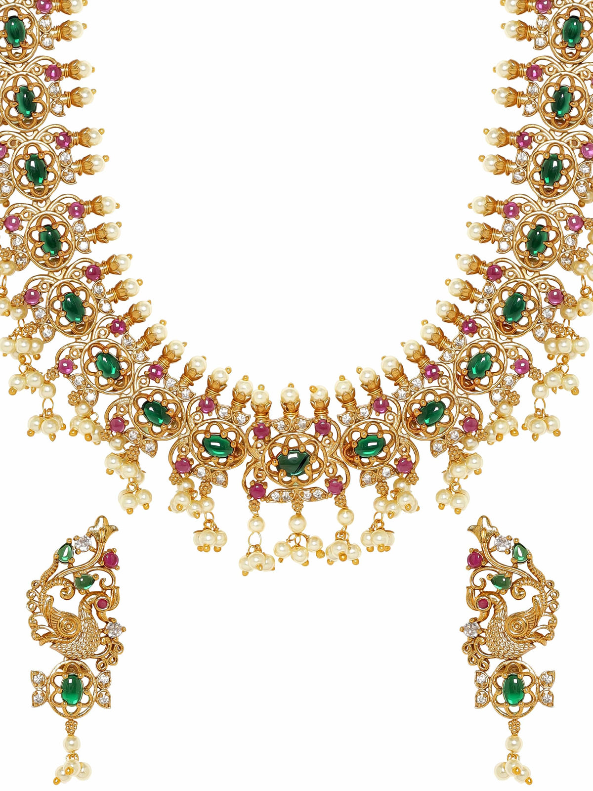 Pink & Green Studded Pearl Drop Necklace Set Gold::Multi Color