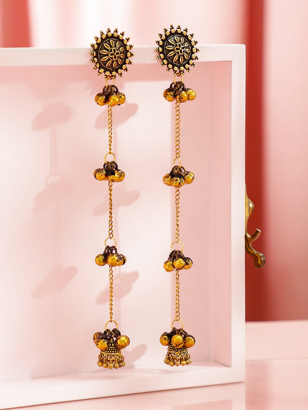 Long Kashmiri Jhumkas With Gold Beads フリーサイズ