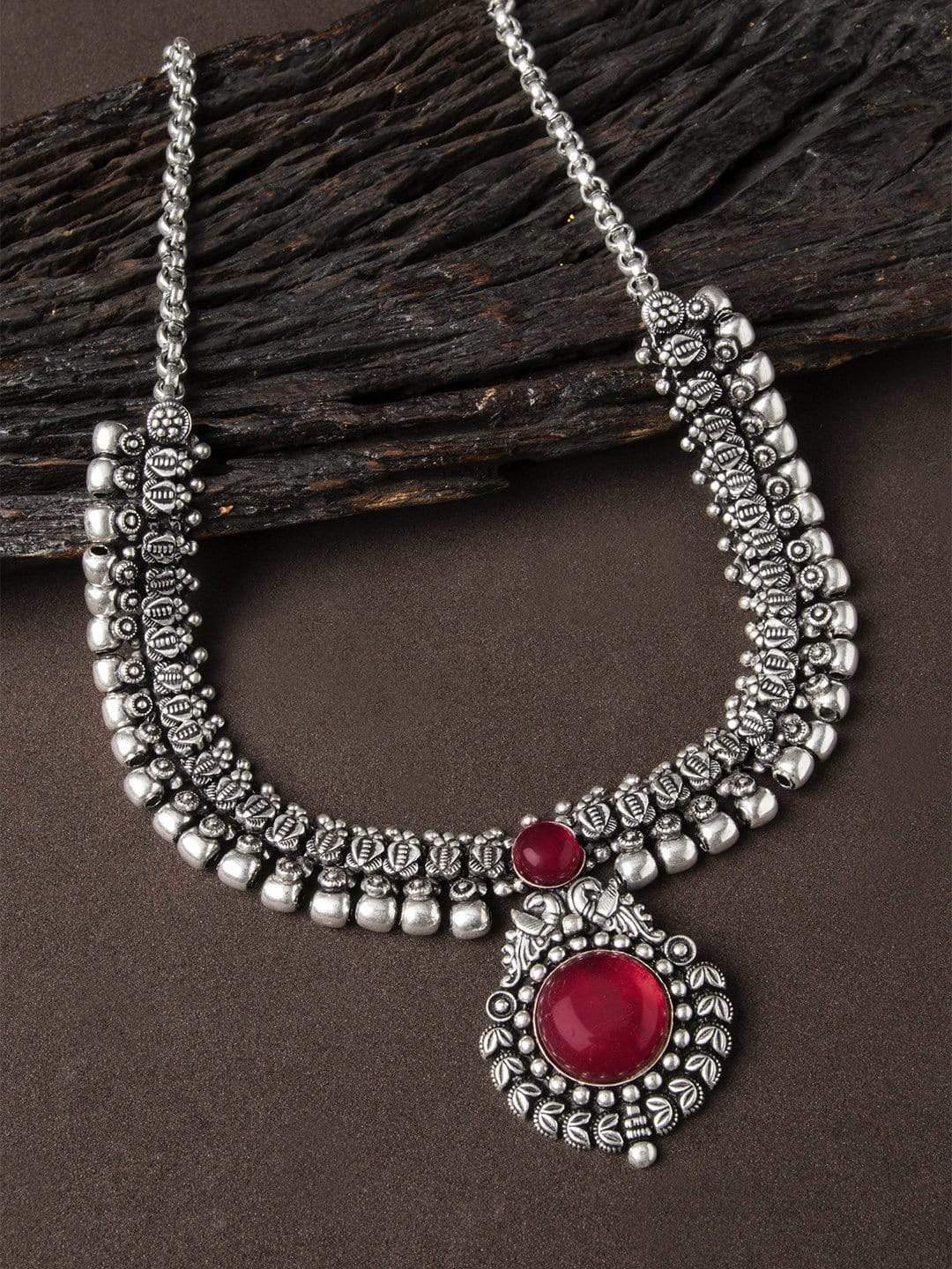 Rubans Oxidised Necklace with Stone Red