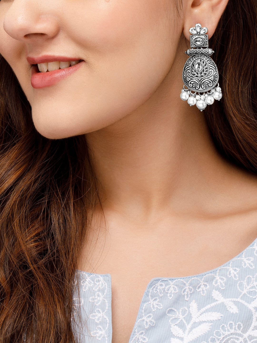 Chic White Oxidised Chandbali Silver