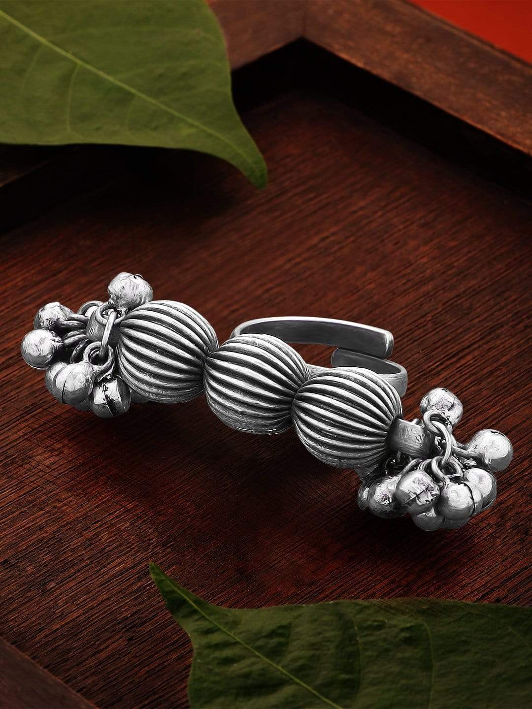 Rubans Oxidised Silver-Plated Ghungroo-Studded Handcrafted Adjustable Finger Ring Silver