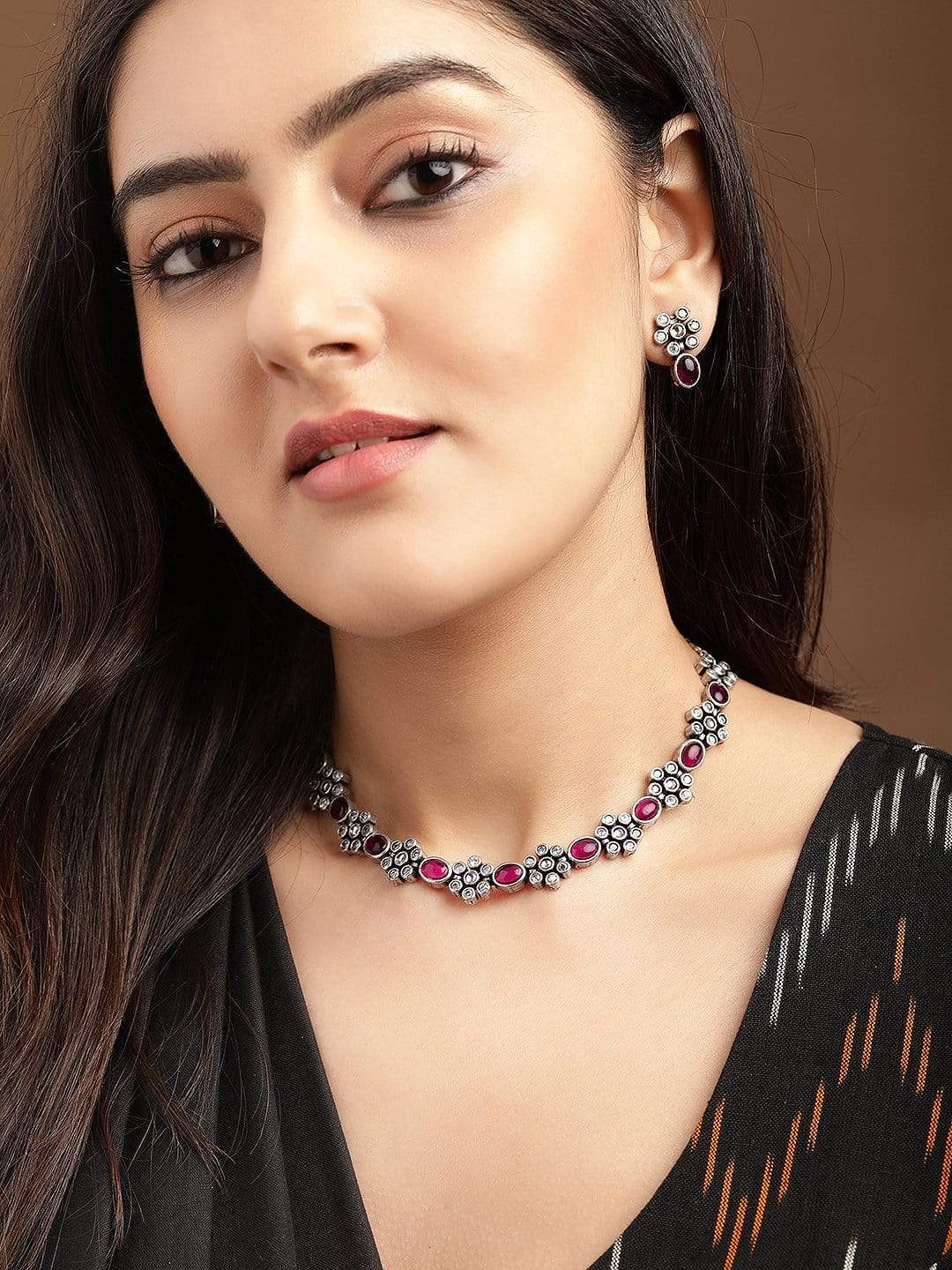 Rubans Oxidised Silver Plated Handcrafted Ruby Stone Necklace Set Silver