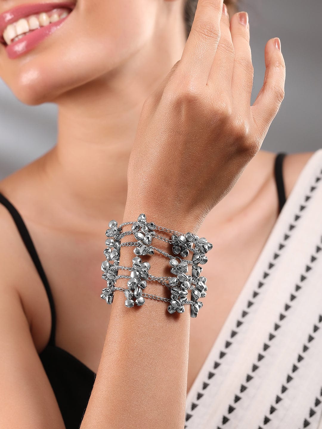 Rubans Oxidised Silver-Plated Multi-Layered Chain Bracelet with Silver Bells Silver