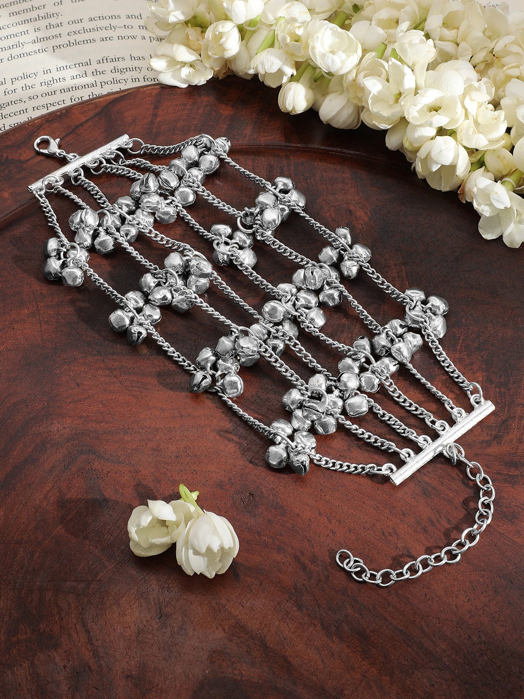 Rubans Oxidised Silver-Plated Multi-Layered Chain Bracelet with Silver Bells Silver