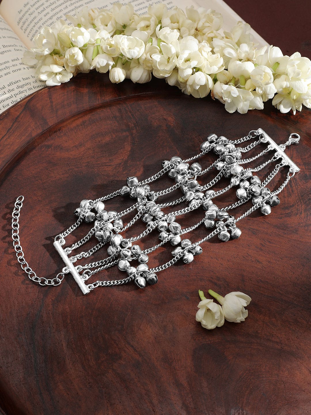 Rubans Oxidised Silver-Plated Multi-Layered Chain Bracelet with Silver Bells Silver