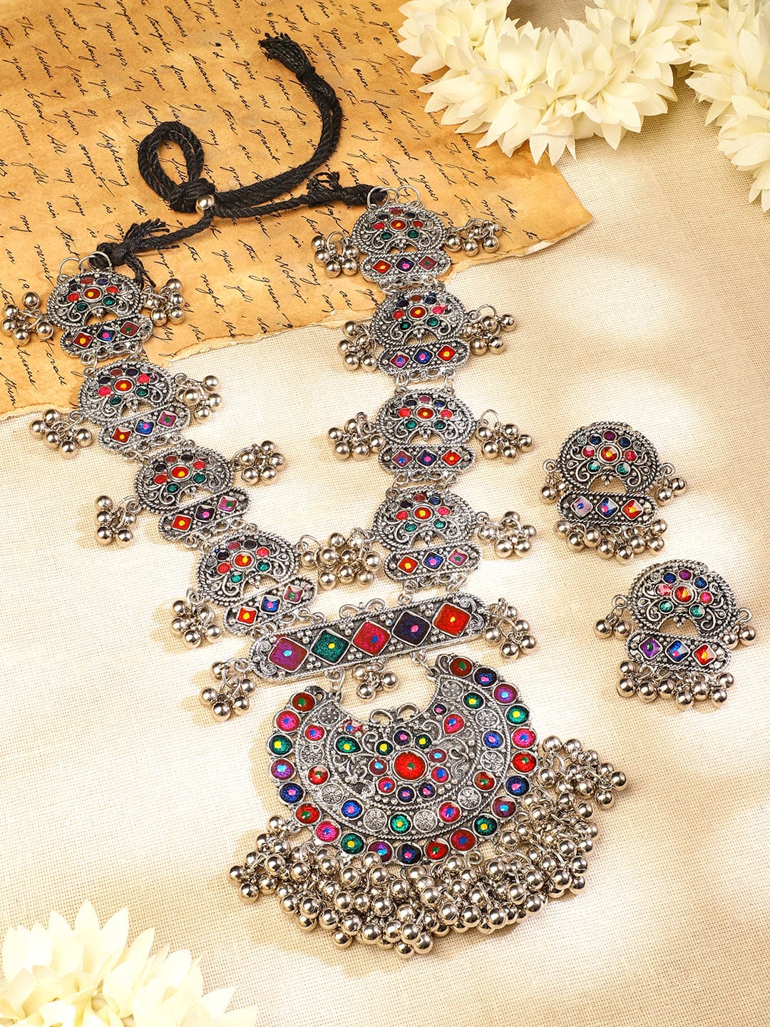 Afghani Multicolor Studded Oxidized Necklace Set フリーサイズ