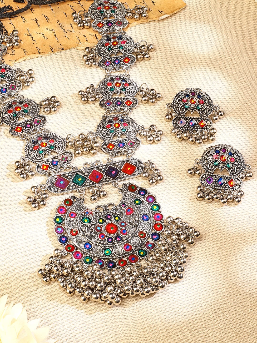 Afghani Multicolor Studded Oxidized Necklace Set フリーサイズ