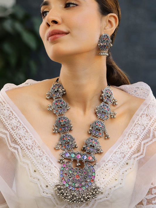 Afghani Multicolor Studded Oxidized Necklace Set フリーサイズ