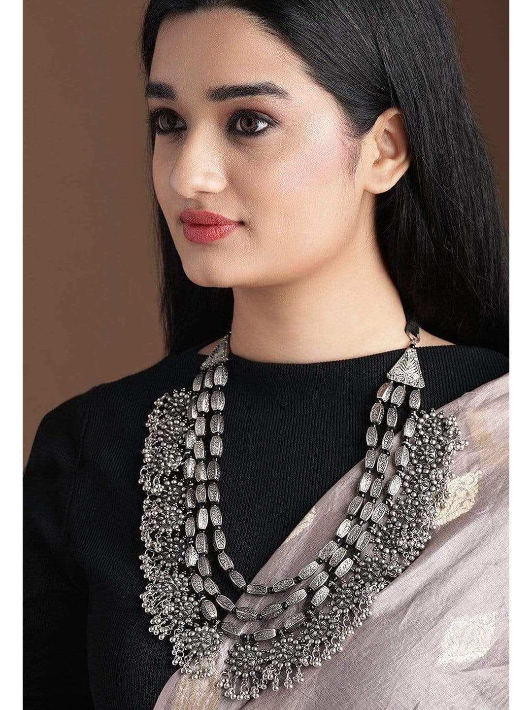 Rubans Oxidised Silver Toned Embellished With Multilayer Statement Necklace Silver