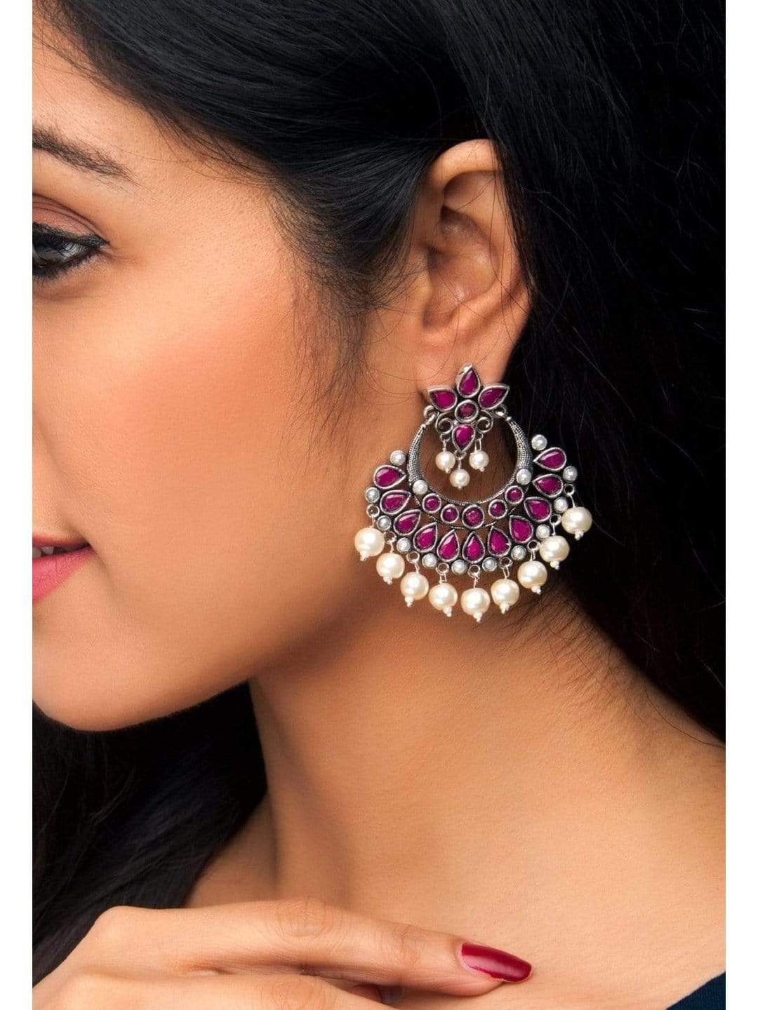 Rubans Oxidised Silver Toned Faux Ruby Studded Embellished With Pearl Chandbali Earrings Pink