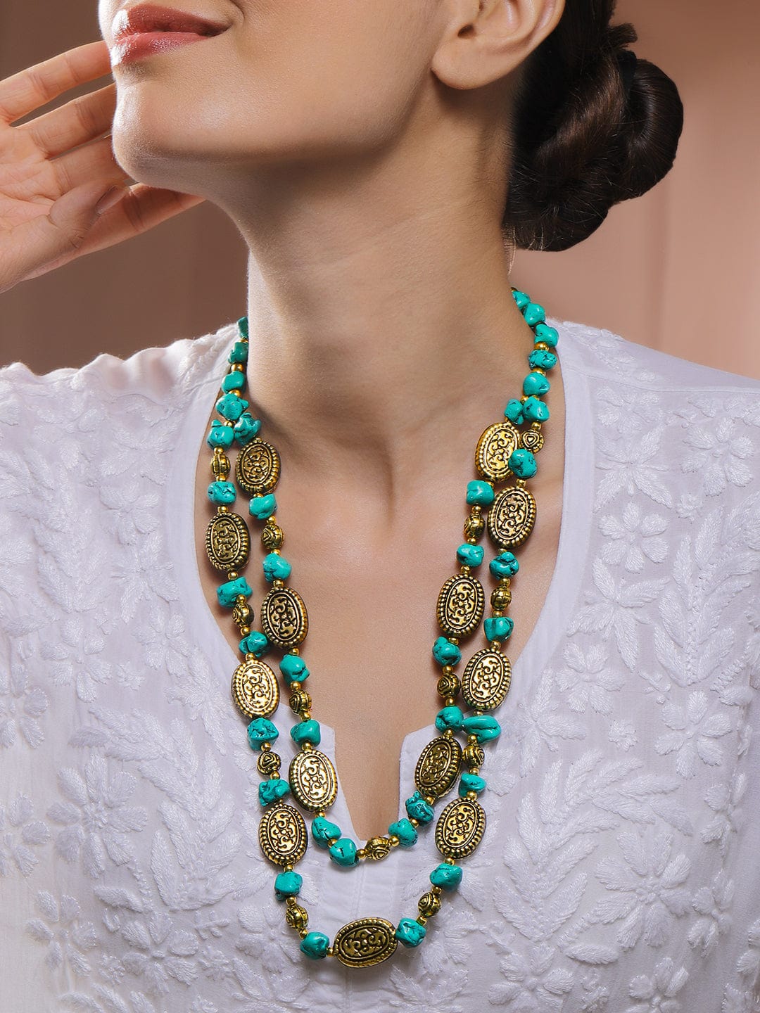 Divine Green Beaded Antique Layered Necklace Turquoise Blue & Gold