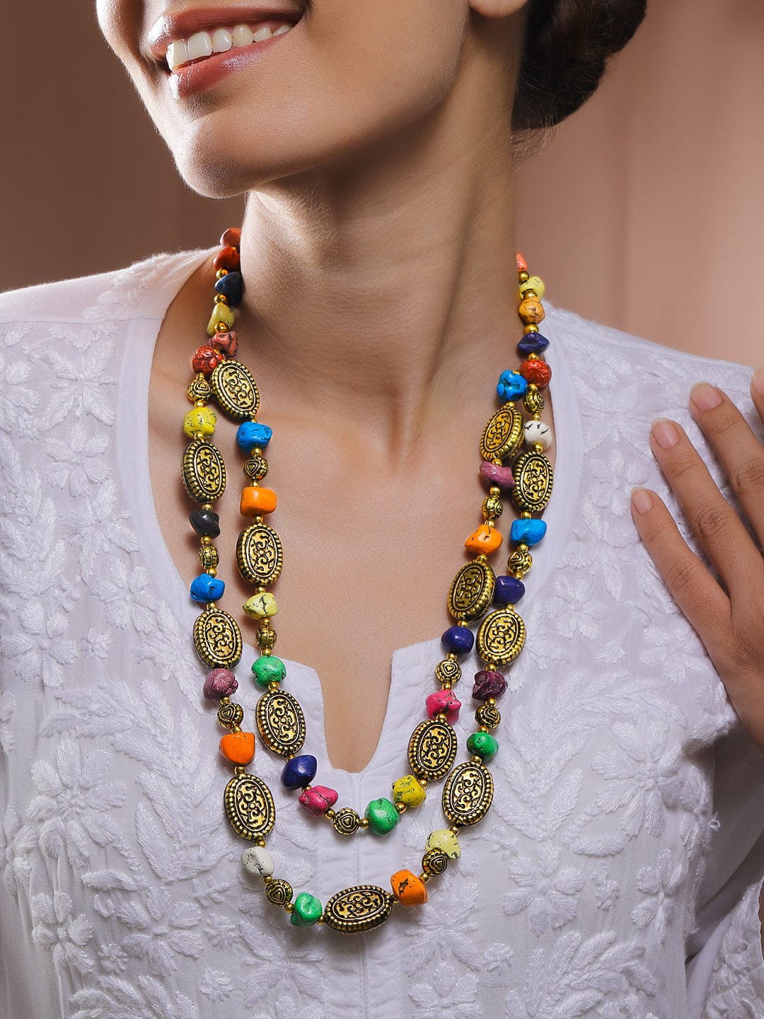 Gold Toned Multi Layered Beaded Necklace Multicolor and Gold