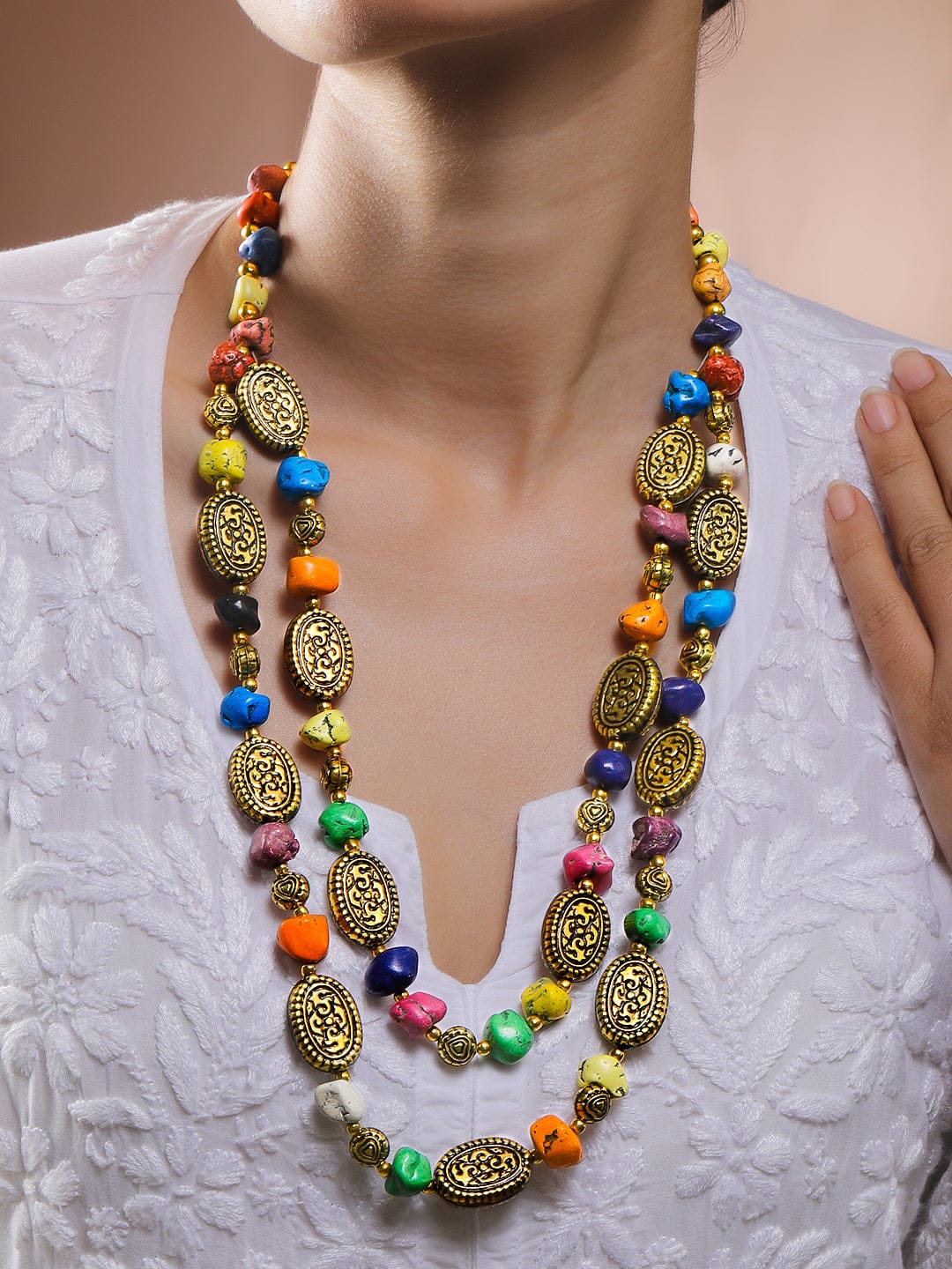 Gold Toned Multi Layered Beaded Necklace Multicolor and Gold