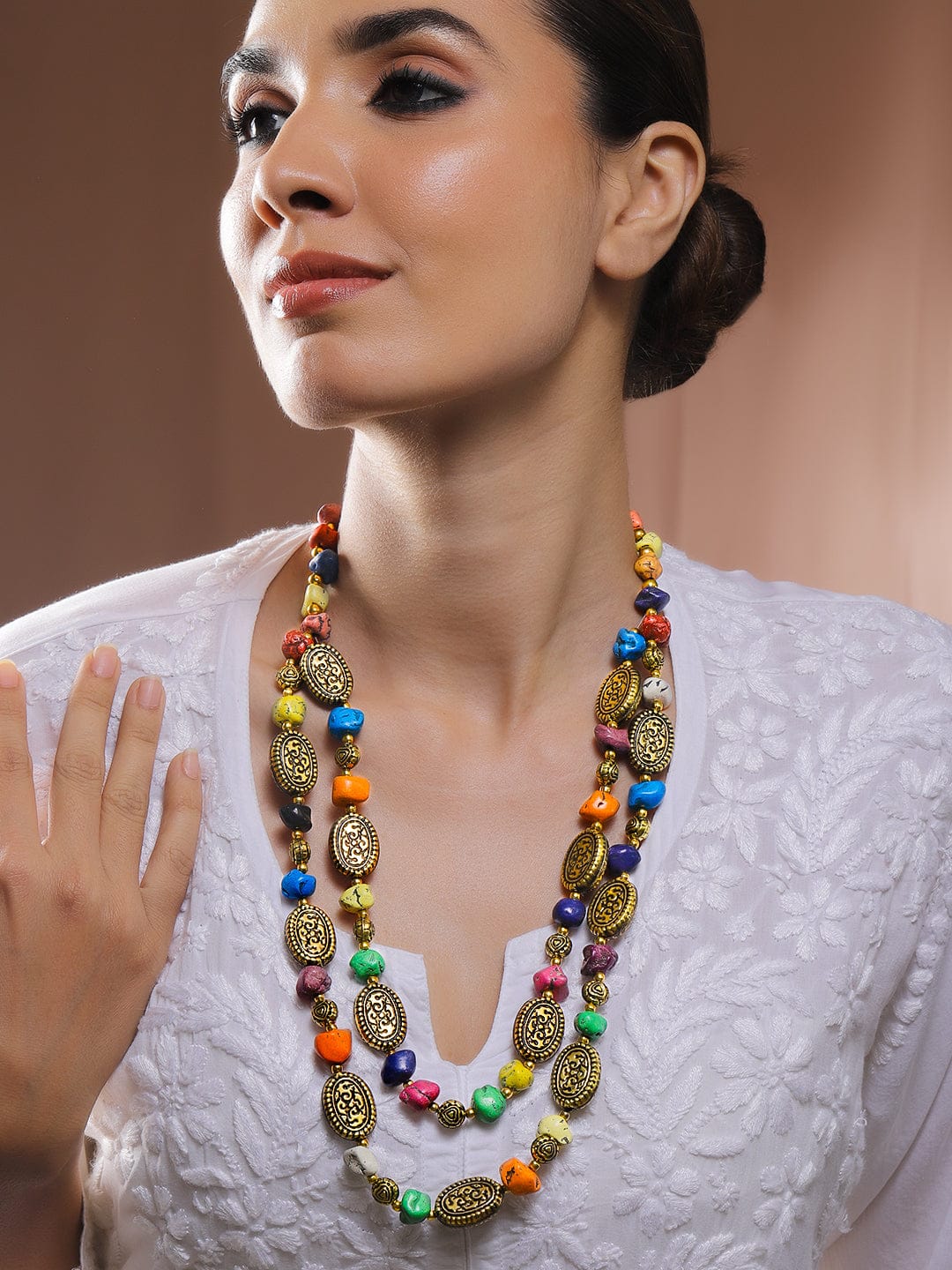 Gold Toned Multi Layered Beaded Necklace Multicolor and Gold