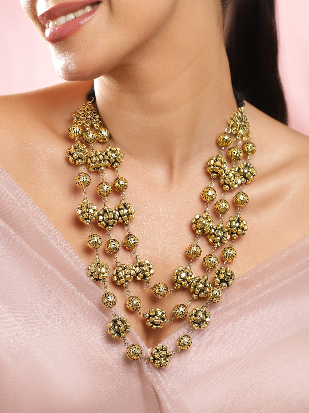 Oxidised Gold Toned Beaded Layered Necklace フリーサイズ