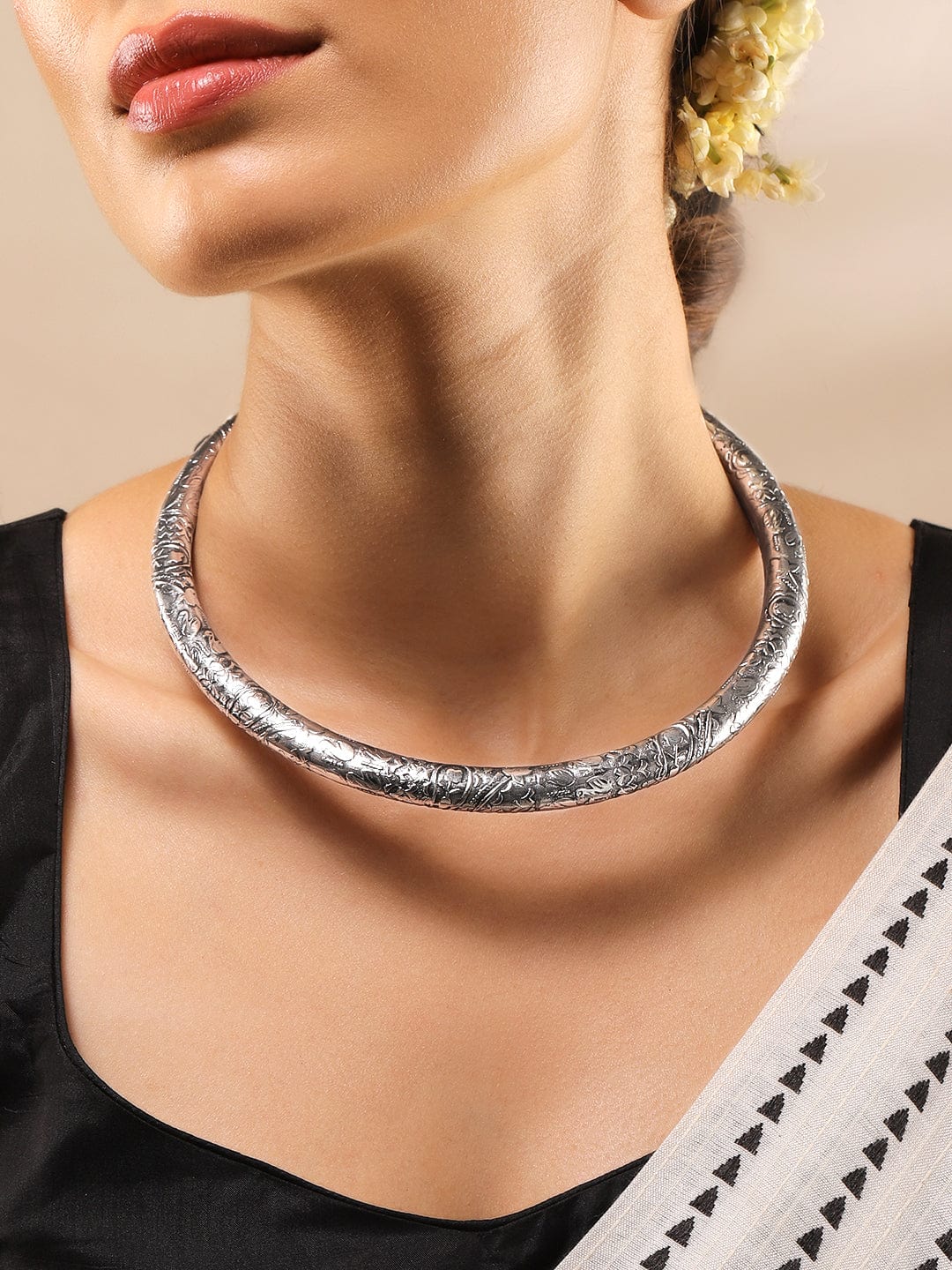Rubans Oxidized Silver Plated Floral and Geometric Design Statement Choker Necklace Silver