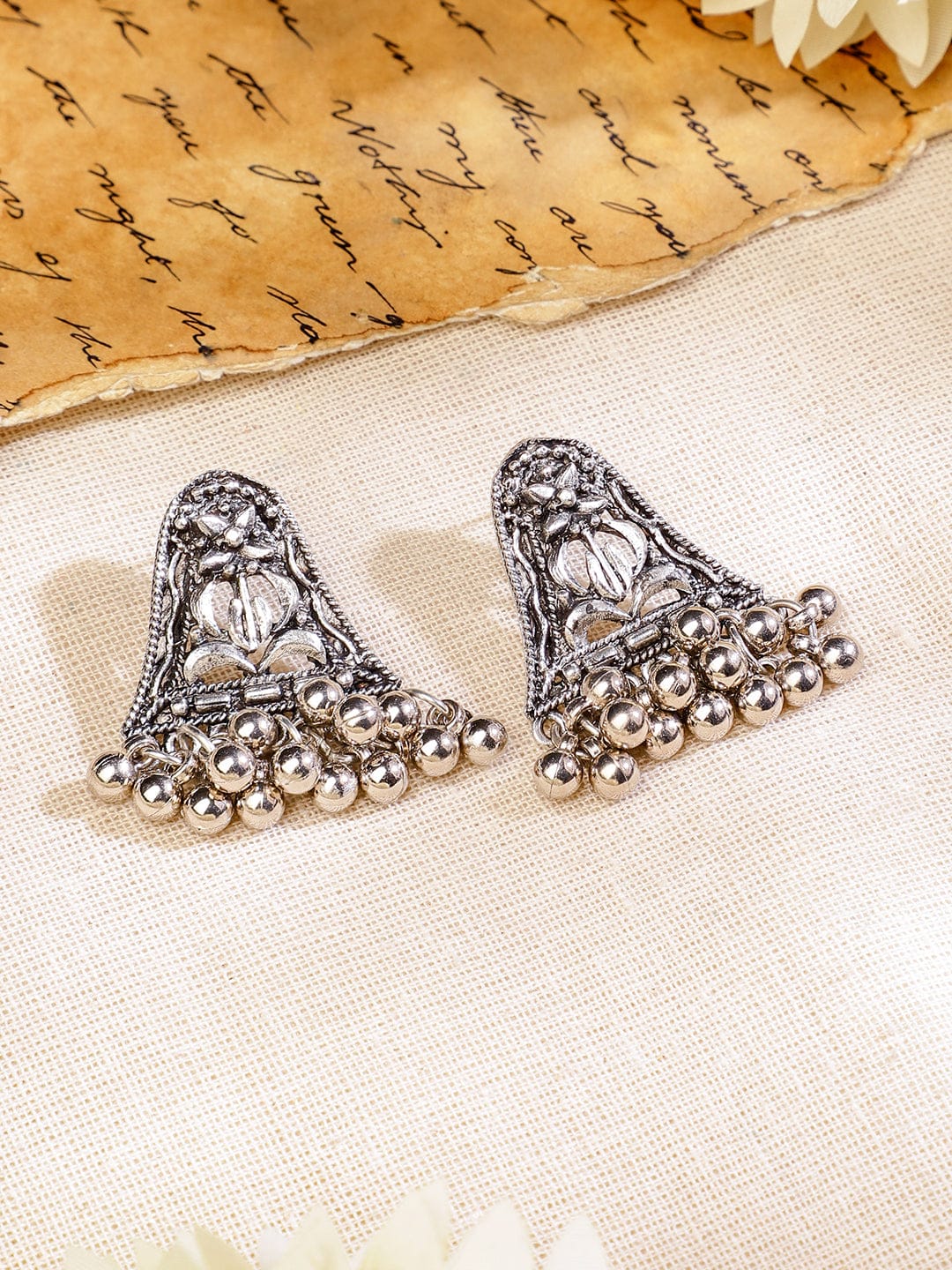 Oxidized Floral Motif Silver Necklace Set フリーサイズ