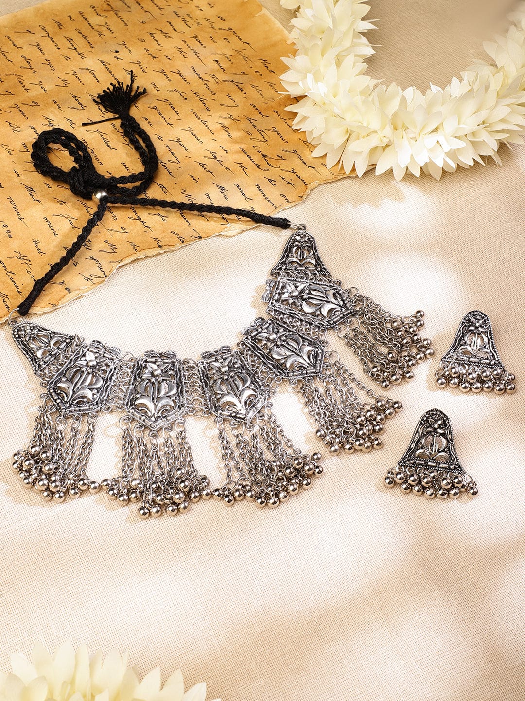 Oxidized Floral Motif Silver Necklace Set フリーサイズ