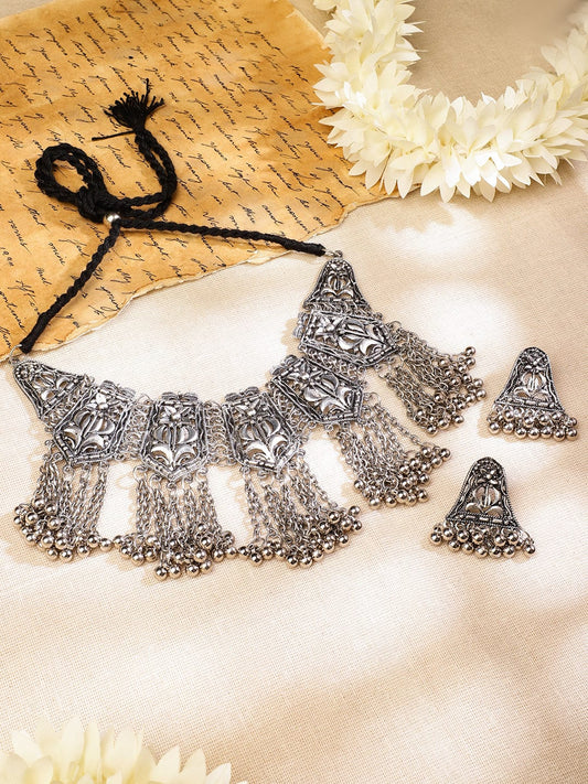 Oxidized Floral Motif Silver Necklace Set フリーサイズ