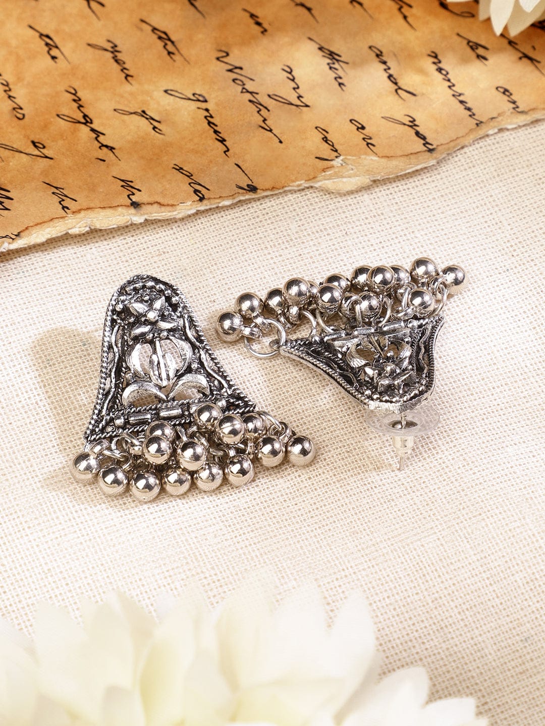 Oxidized Floral Motif Silver Necklace Set フリーサイズ