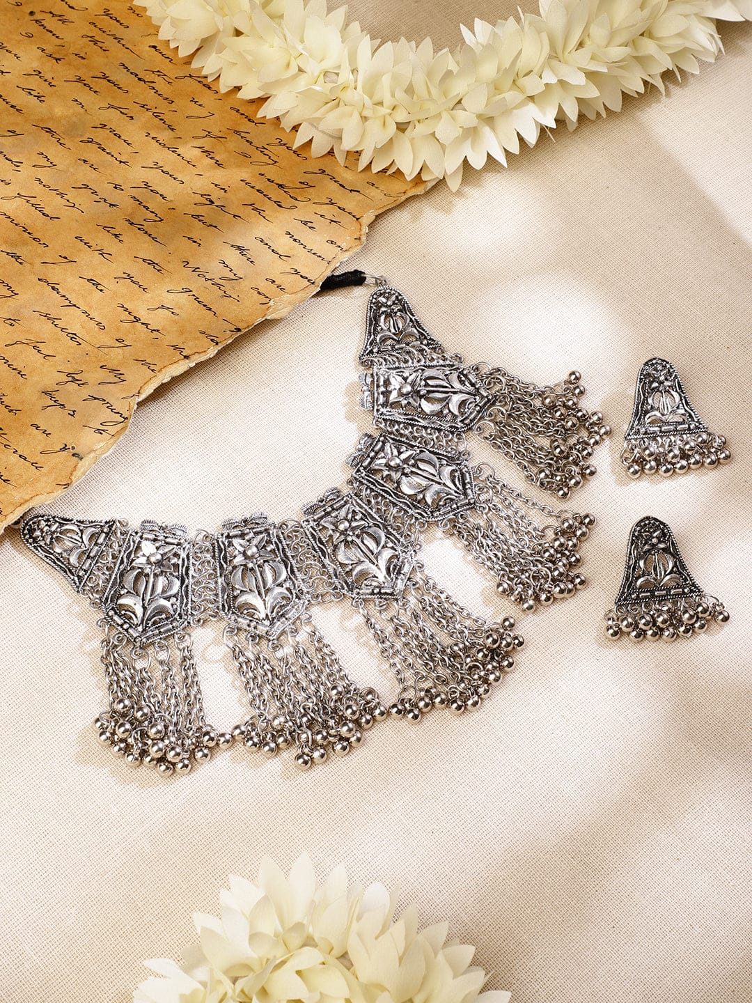 Oxidized Floral Motif Silver Necklace Set フリーサイズ