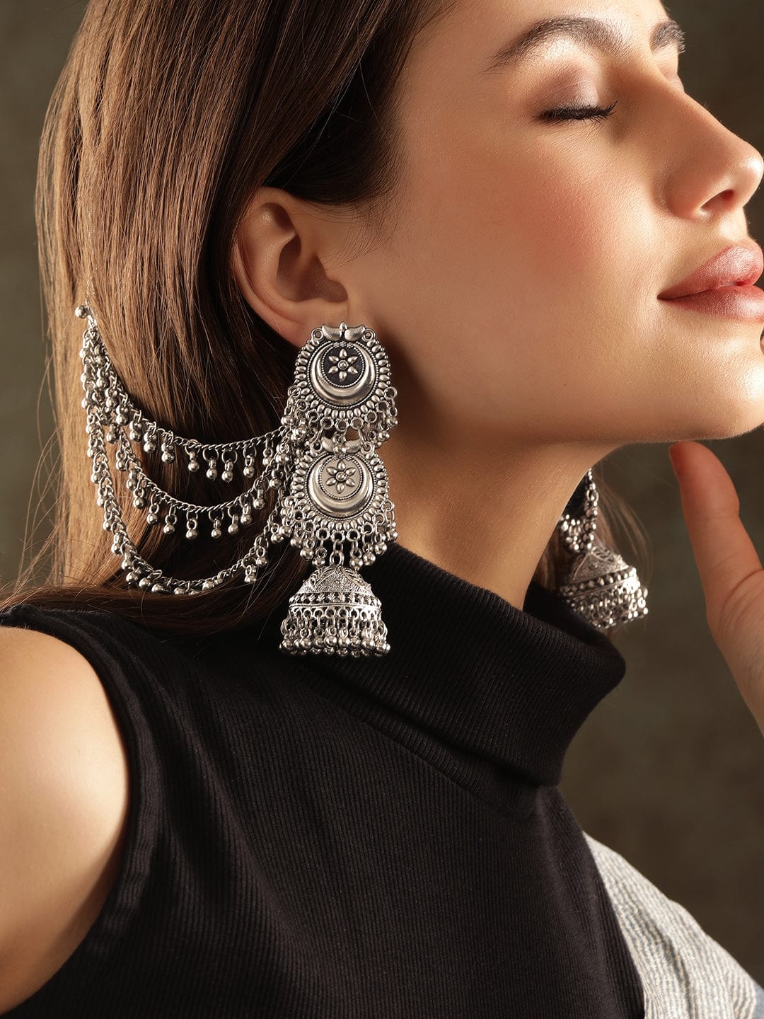 Ethno-Chic Oxidised Jhumka with Kaan Chain フリーサイズ