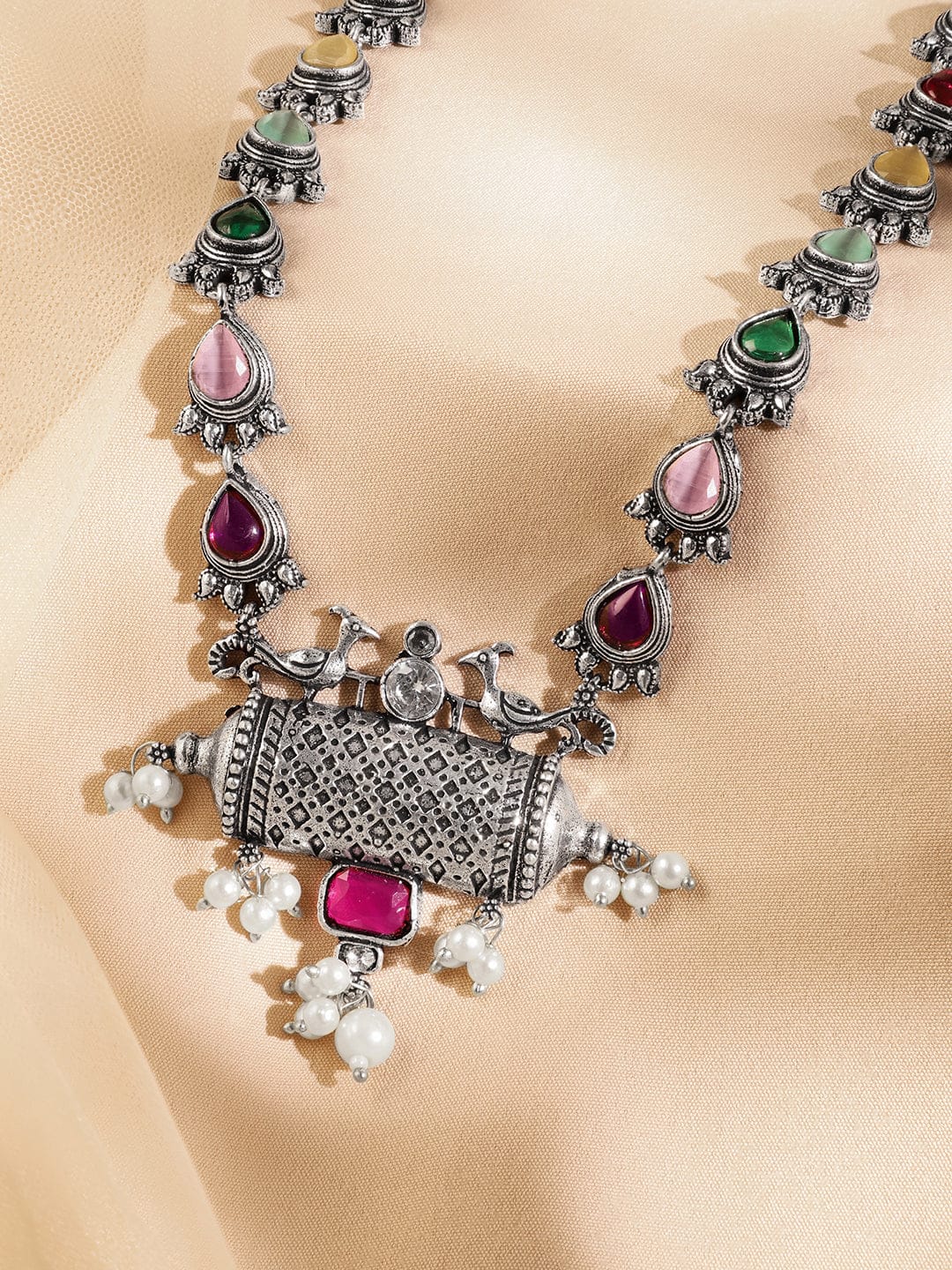 Oxidised Peacock Motif Multicolor Pearl Drop Necklace フリーサイズ